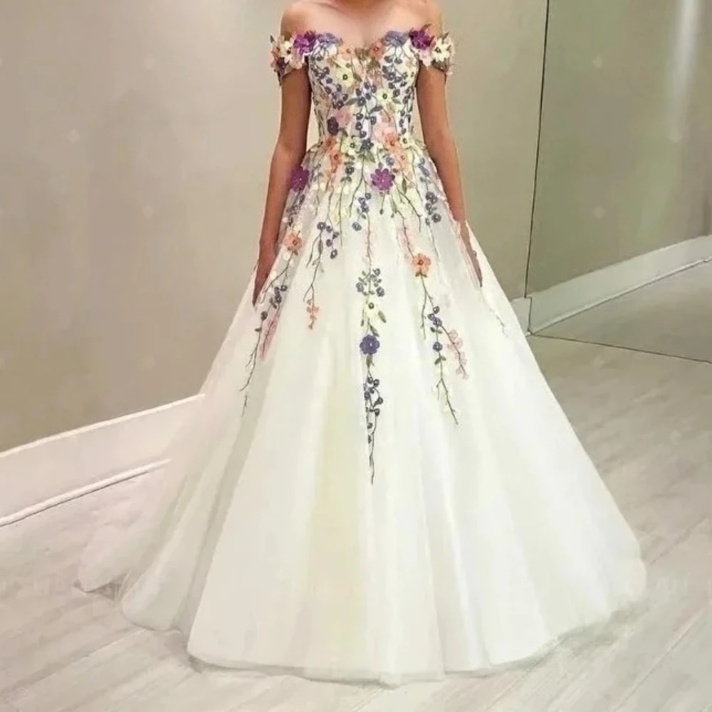 Vestido De Novia con hombros descubiertos, Vestido De Novia De encaje De flores, Vestido De noche con corsé blanco en la espalda, Vestido De graduación con apliques personalizados