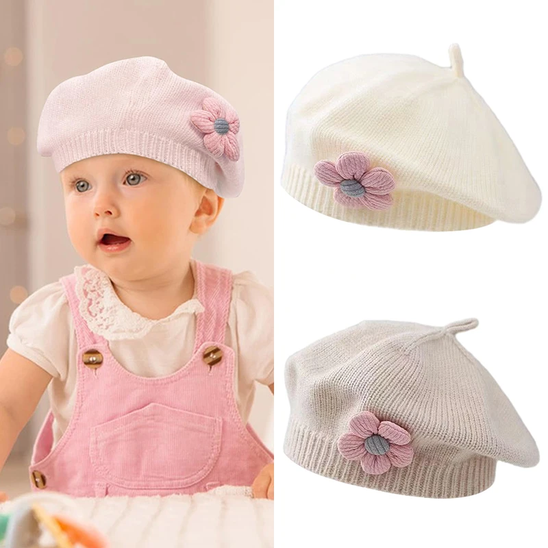 1Pc Baby Hat Autumn Winter Girl Baby Cute Flower Beret Hat Children'S Woolen Hat Girl Knitted Artist Hat