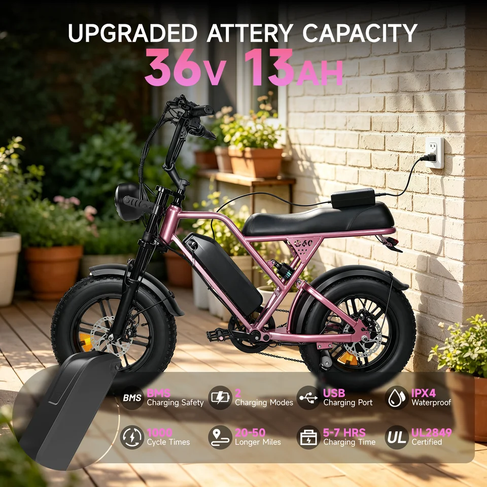 OBX 500W Electric Bike for Adults 16 Inch Fat Tire Ebike 36V 13Ah Battery 20MPH Speed 35 Miles Range All Terrain Mountain E-Bicycle image 4