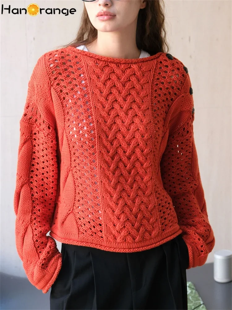 HanOrange 2024 Autumn Retro Button Hollow Twisted Sweater Women Loose Short Top Orange Red/Purple