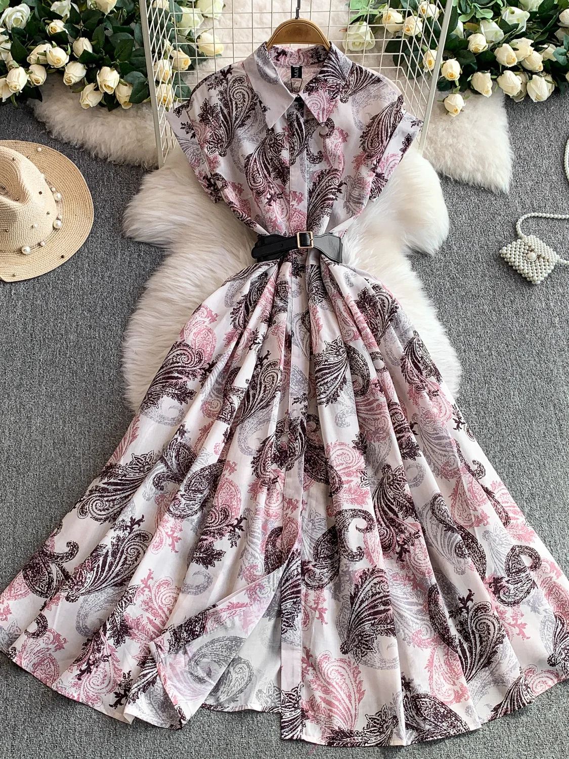 

Ретро-платье-рубашка с принтом для женщин, весна-осень, на пуговицах, приталенное, А-силуэт, шифоновая юбка, с завышенной талией, короткий рукав, облегающий фасон