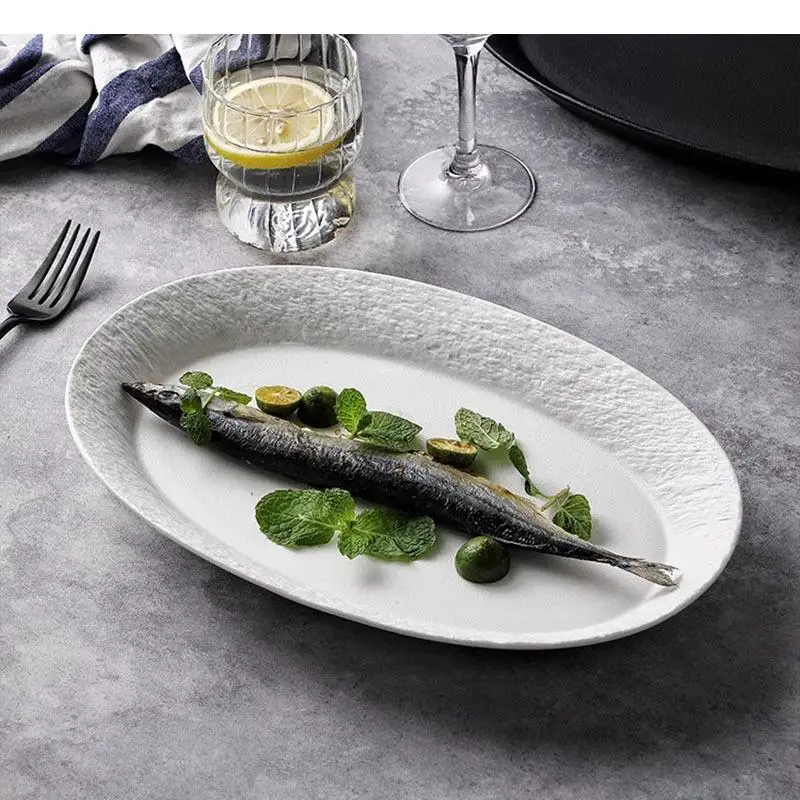 Solid Color Rock Texture Ceramic Fish Plate Salad Pasta Plates Sushi Restaurant Specialty Tableware