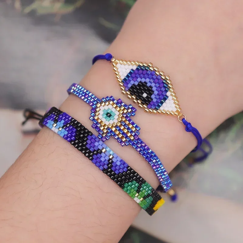 ZGMXR Rice bead bracelet Female Flowers Devil's eye Palm Design Bohemia Hand knitting Adjustable Fashion  Beaded bracelet set