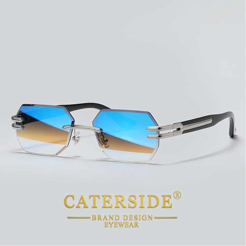 CATERSIDE Neue rahmenlose Sonnenbrille für Herren, modische polygonale Spiegellinsen mit Farbverlauf, Metallrahmen, Damen-Party-Sonnenbrille für den Außenbereich – Detail 3