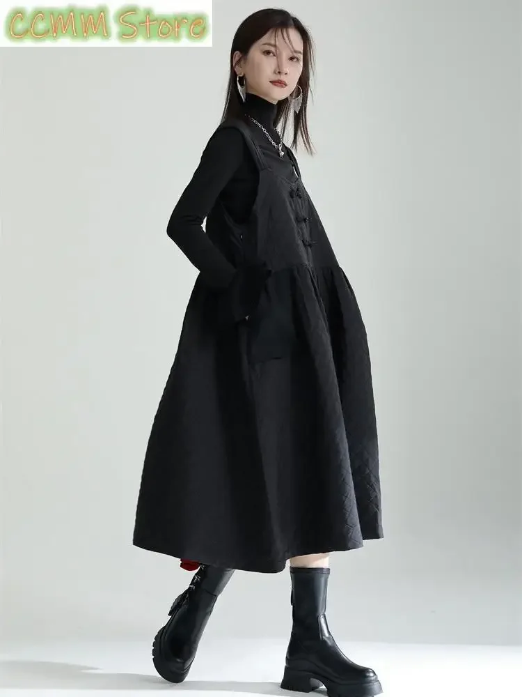 

Women Black Bandage Cotton-padded Long Dress New Round Neck Sleeveless Loose Fit Fashion Tide Autumn Wnter
