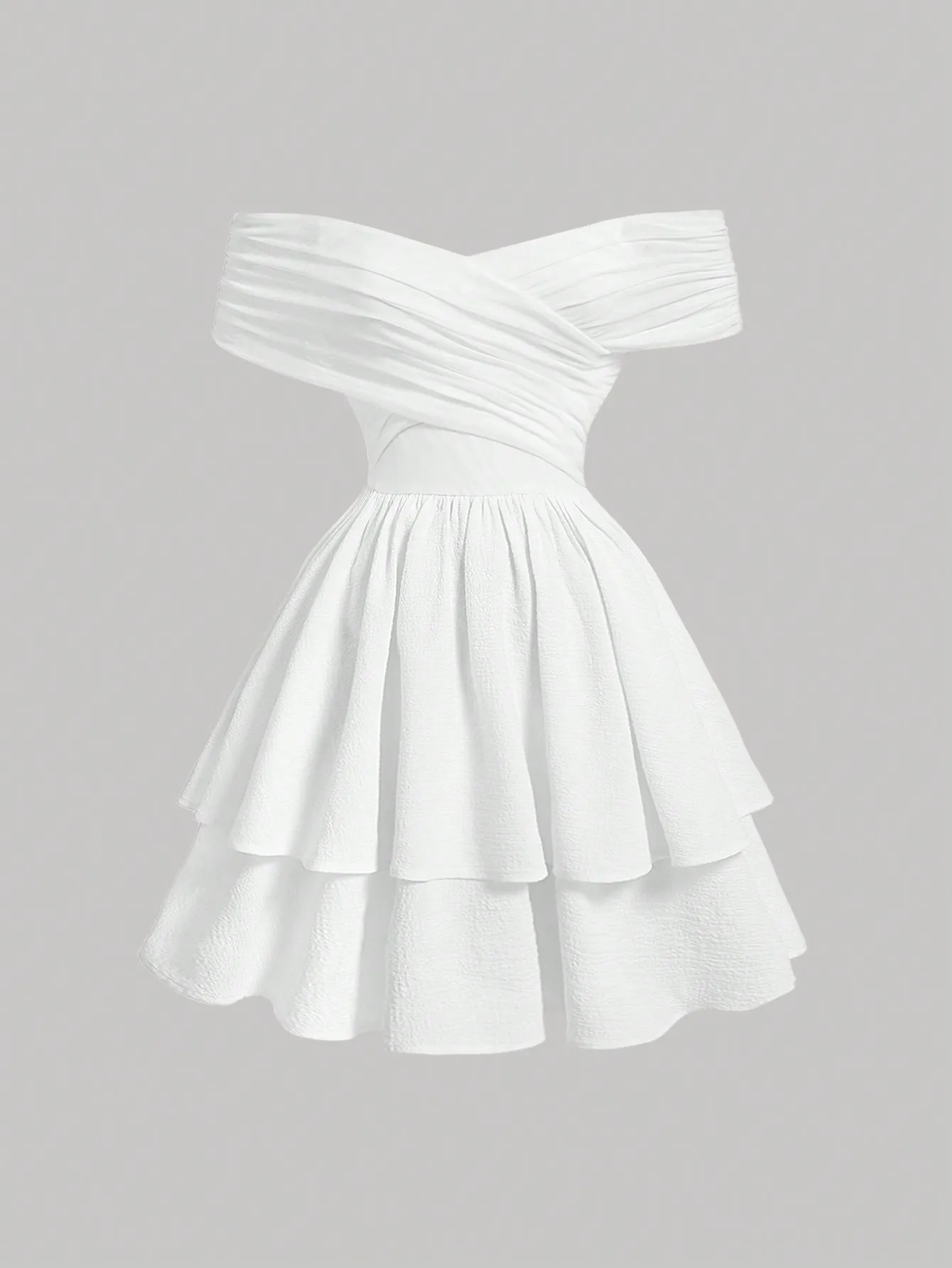 Modisches weißes schulterfreies Minikleid mit überkreuzter Vorderseite, elegantes, lässiges Party- und Dateikleid