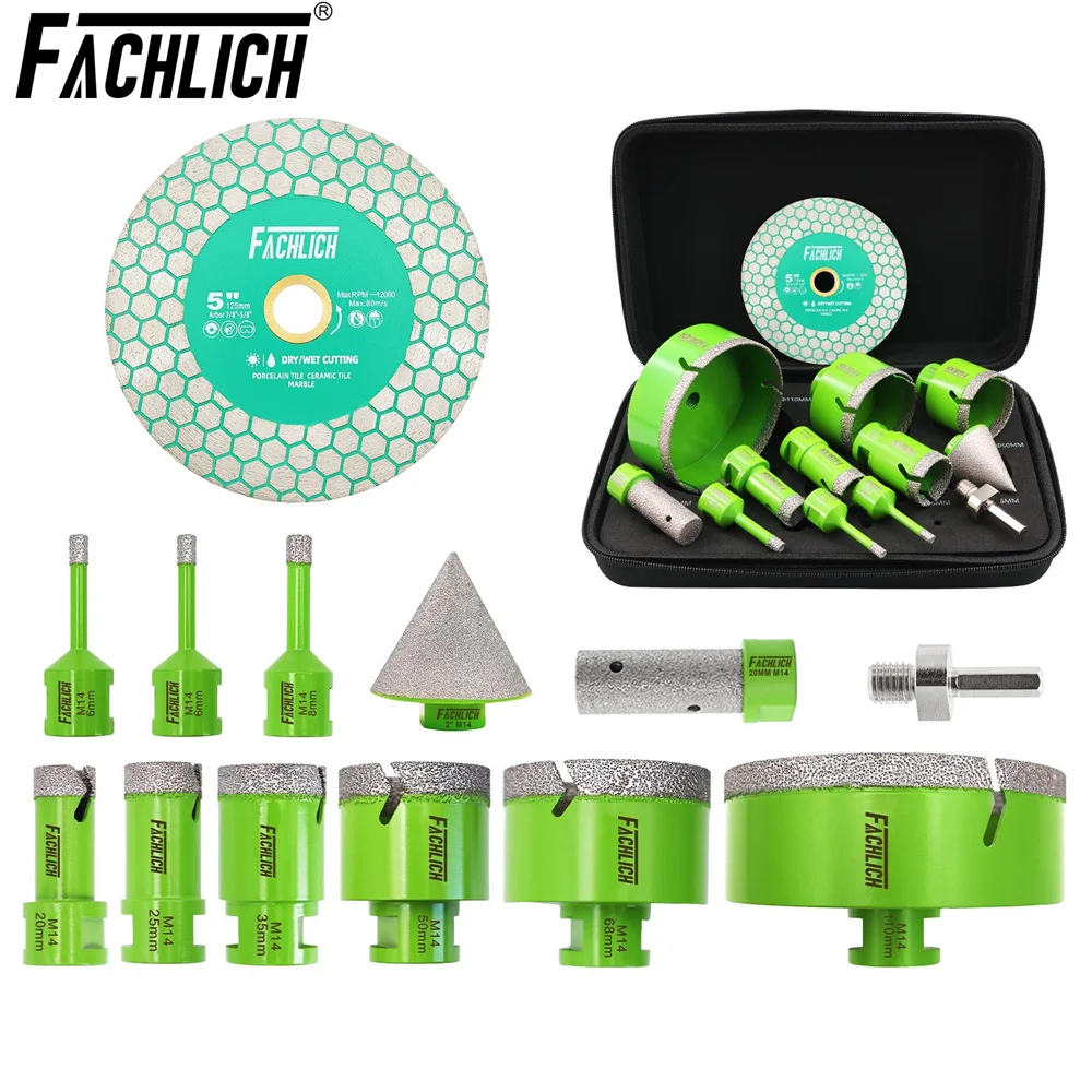 FACHLICH Diamant Kernboorbits Set 12 stuks 6-110mm+20mm Vingerfrees+50mm Afgeschuinde Chamfer Bits+Adapter 125mm Slijpschijf