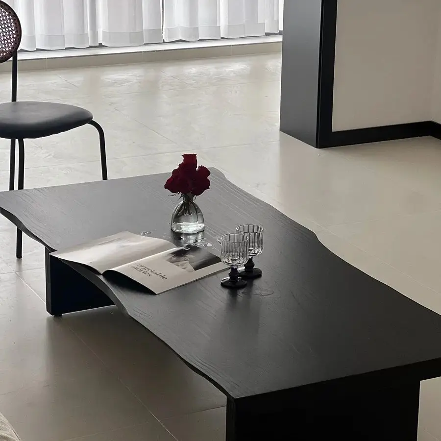 Quiet wind black solid wood special-shaped marble countertop coffee table Japanese small apartment commercial living room table