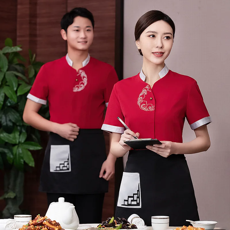 Chinese Restaurant Waiter Uniform for Men Hot Pot Food Service Work Wear Tea House Kitchen Catering Summer Waiter Overalls