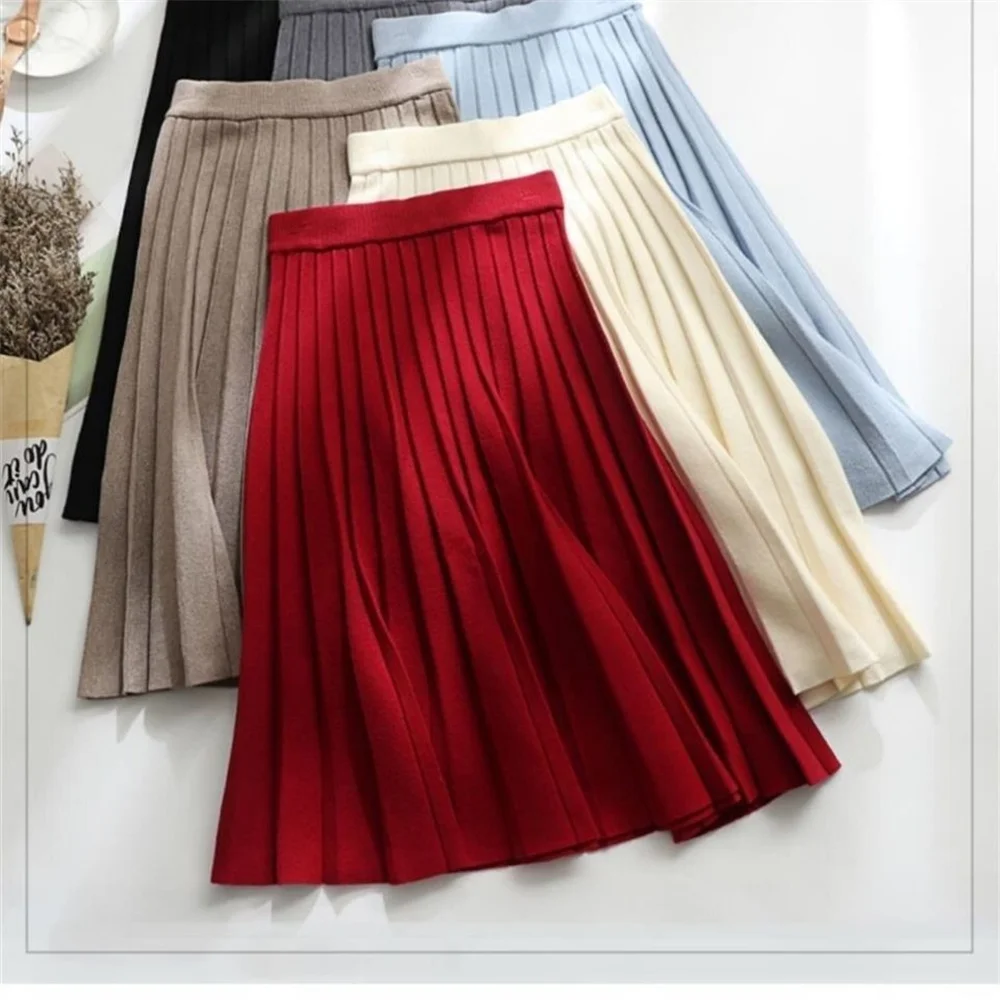 Elegant Fashion Solid Color Knitted Pleated Skirt 2024 Autumn Winter A-Line All-match Elastic High Waist Skirts Women's Clothing