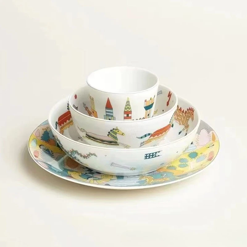 Cartoon Kids Tableware Set 4 Pcs On-Glazed Rice Bowl Plate Cup Creative Children Dinnerware