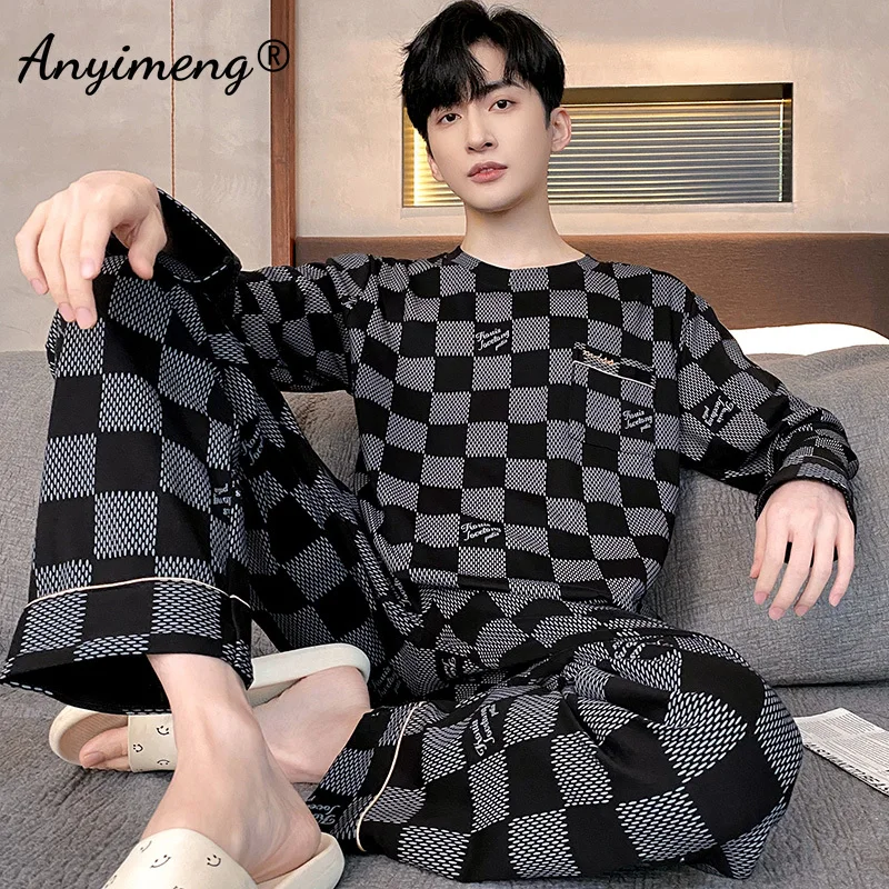 Autumn Winter Men Pajamas Faux Cotton Round Collar Pajama Sets Long Sleeves Long Pants Sleepwear Plus Size 3xl 4xl Loungewear