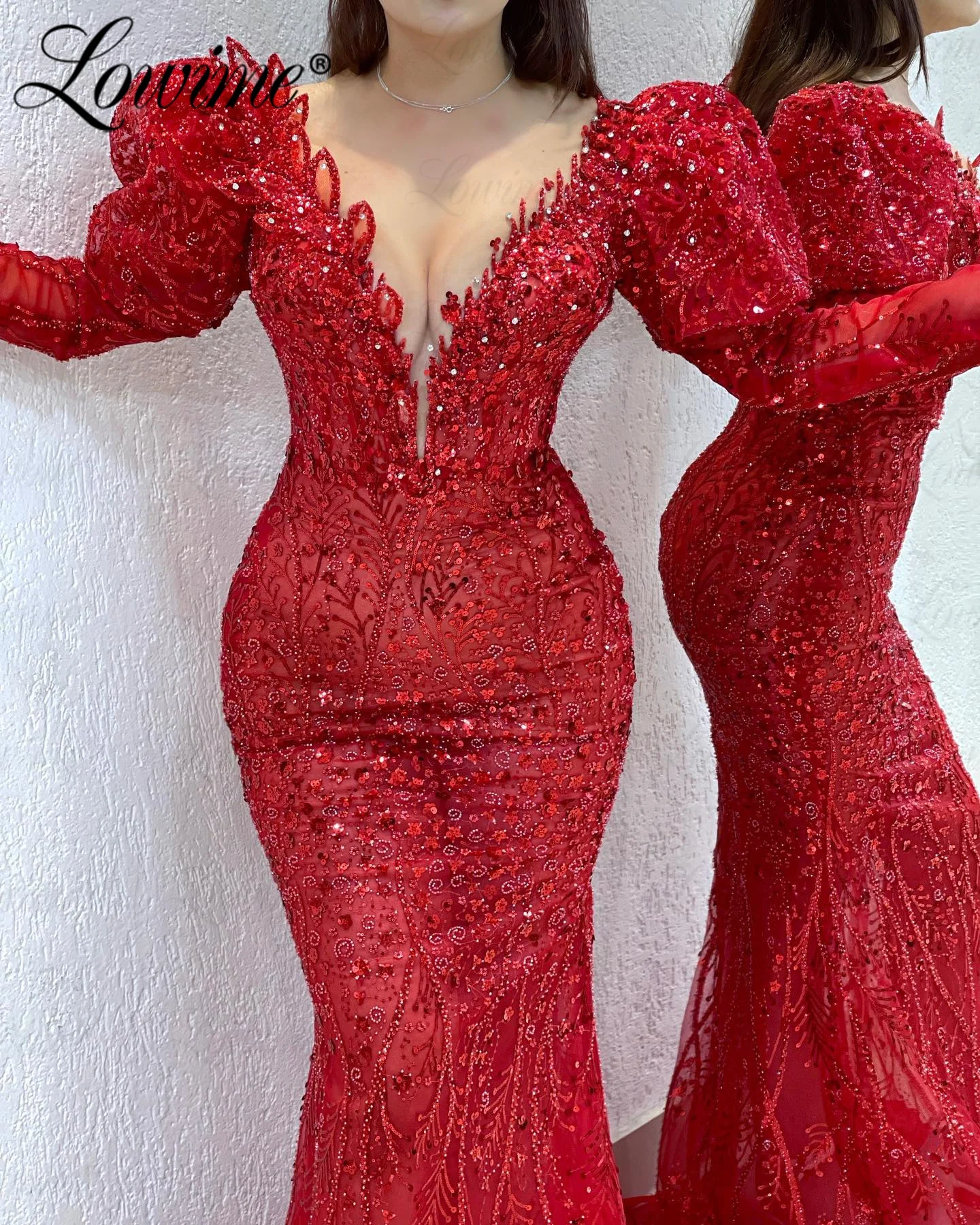 2023 Haute Couture Arabic Evening Dress Red Puffy Sleeves Dubai Abendkleider Luxus Mermaid Sequins Crystal Handmade Party Gowns