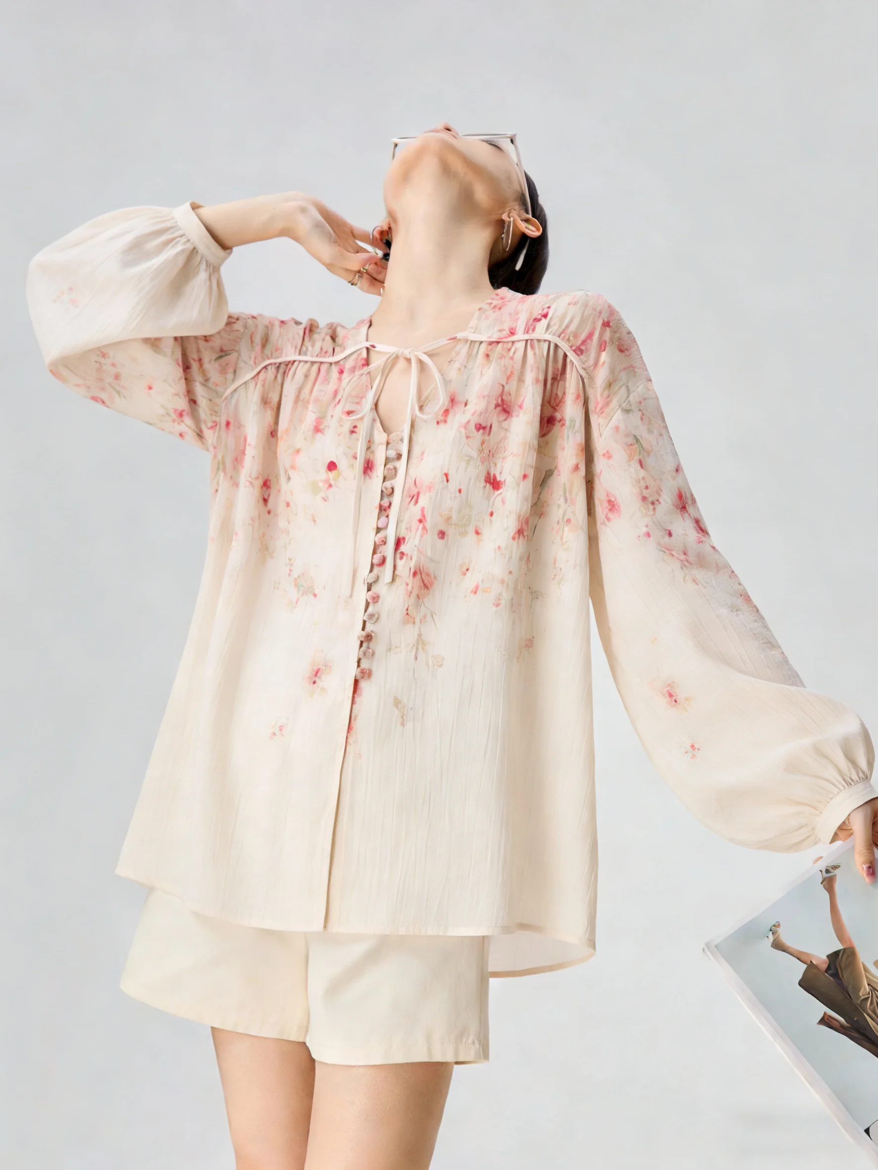 

Pink Rose Print Lantern Sve Chiffon Top Spring 2026 Unique Beautiful New Sle Loose Fit French Sle irt for Women