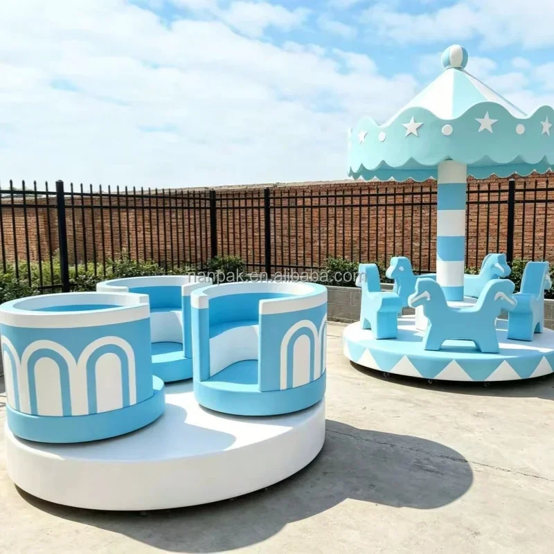 Soft Play Merry Go Round Carousel, Blue & White Rotating Kids Play Equipment for Daycare, Preschool, Birthday Party Rental