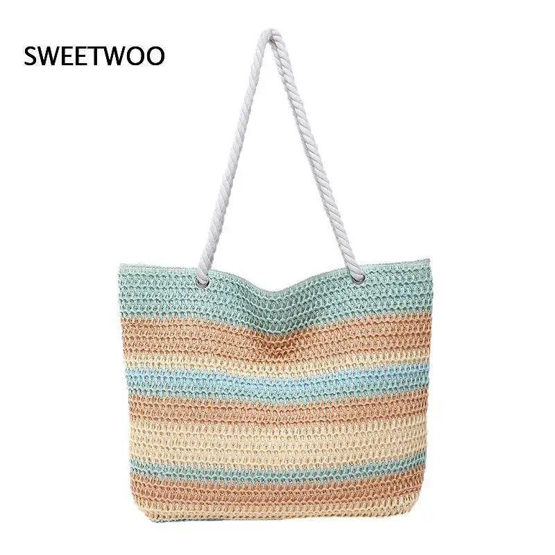 Rainbow Striped Crochet Straw Tote Bag with Thick Rope Handles for Summer Beach and Casual Use 2026