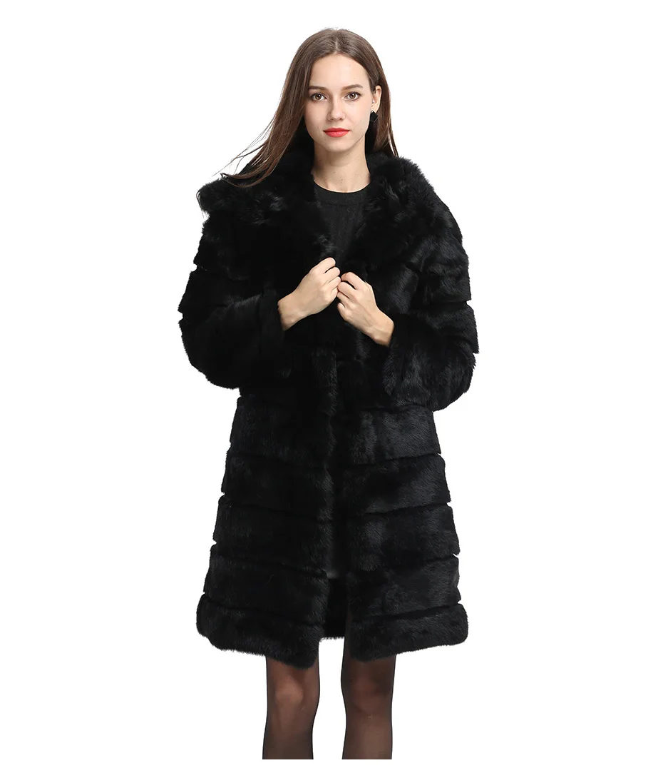 

New Winter Real Rabbit Fur Jacket Black Thick Warm Soft Women Christmas Outwear Full Pelt Natural Fur Coats 2023