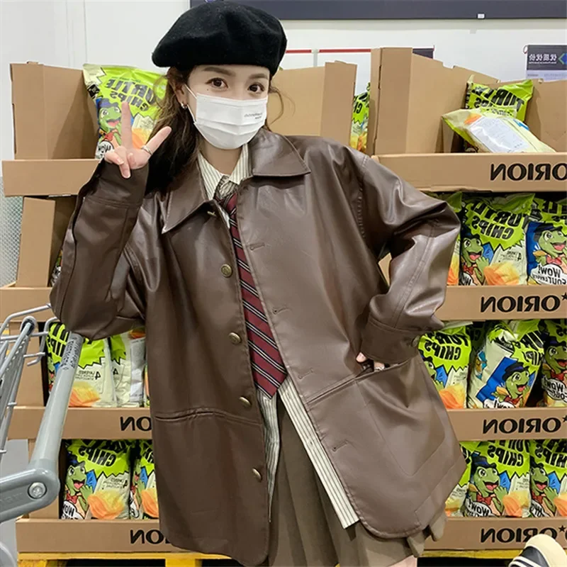 Korean Vintage Brown Faux Leather Coat Women Loose Casual Lapel Single-Breasted Long Sleeve Spring Autumn Female Pu Biker Jacket