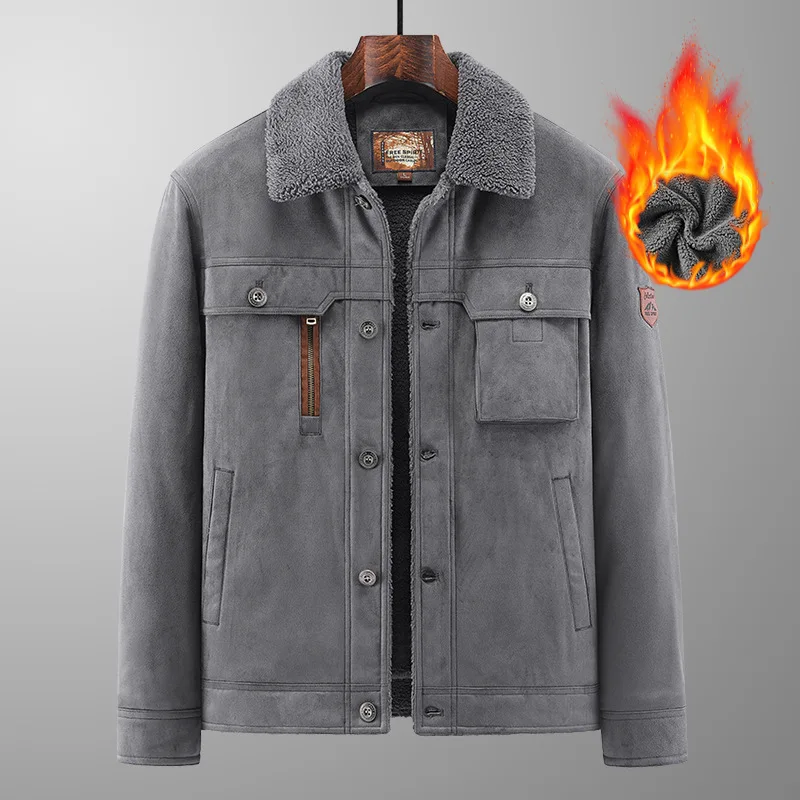 남성용 스웨이드 플리스 재킷 겨울 두꺼운 야외 작업복 캐주얼 라펠 양가죽 플리스 코트 트렌디하고 편안함