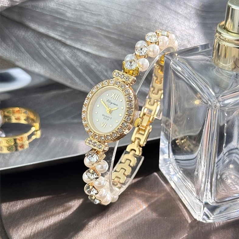 الفاخرة الماس المرأة البيضاوي الهاتفي كوارتز ساعة موضة اللؤلؤ سوار ساعة السيدات ساعات المعصم دروبشيبينغ Reloj De Mujer