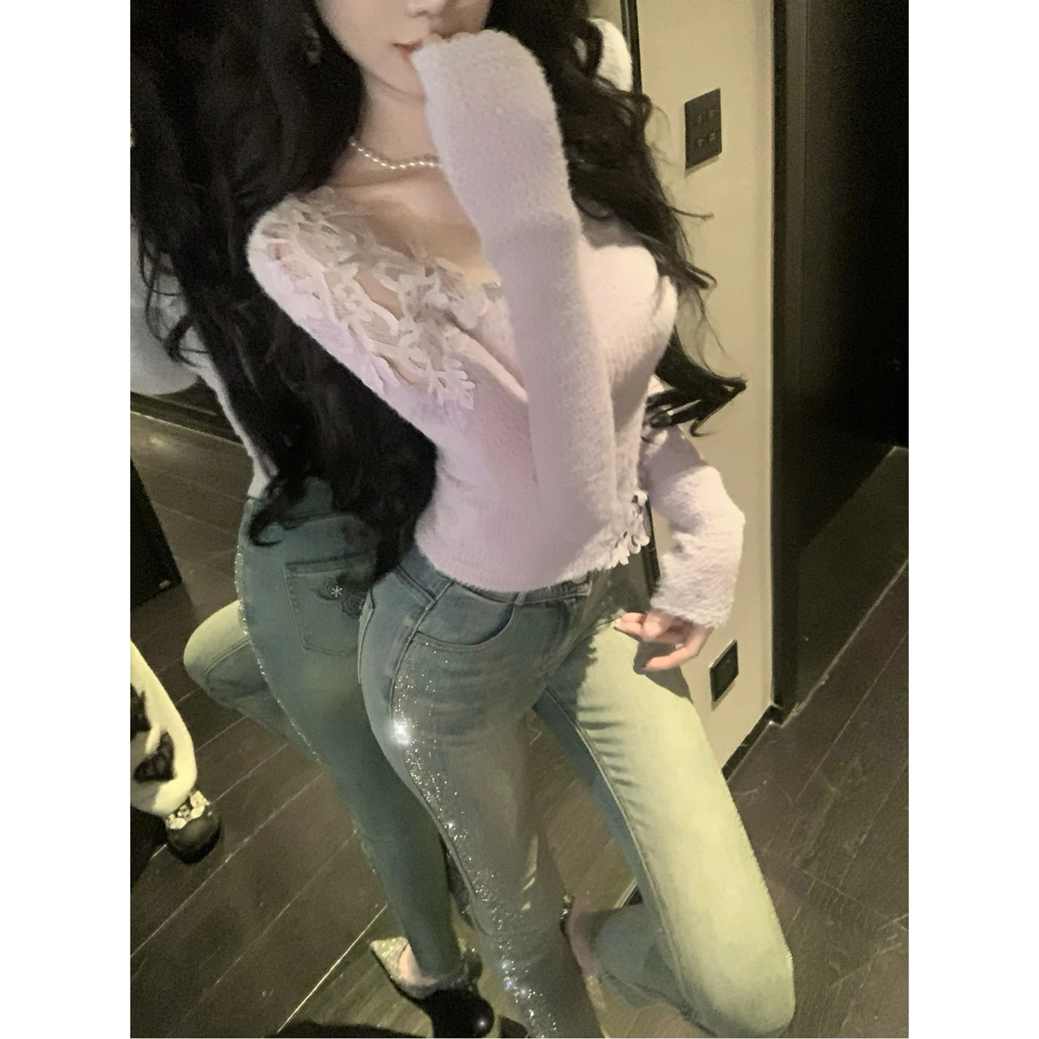 

Женский трикотажный топ Sy Lace Splice с длинными рукавами и круглым вырезом, мягкий, из смесового полиэстера, для повседневной носки