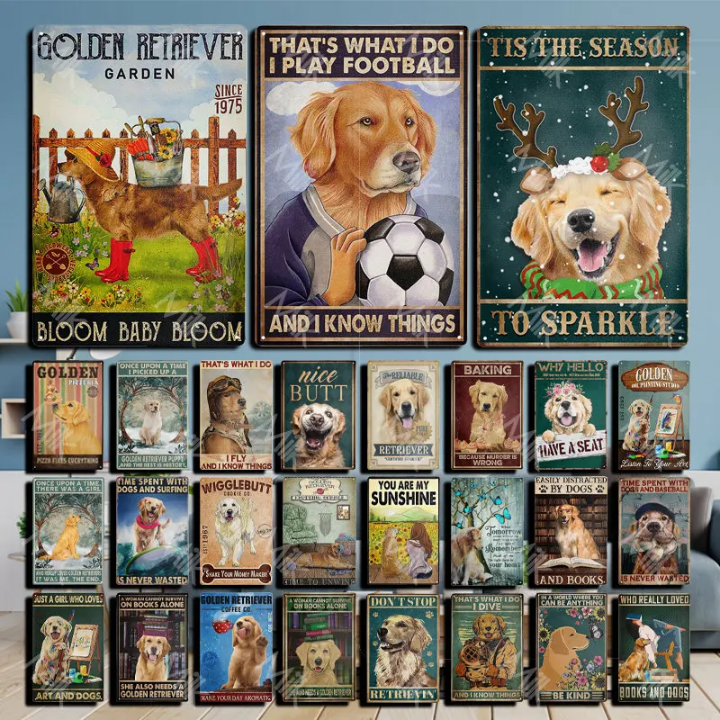 Retro Golden Retriever Dog Metal Tin Sign Plates for Pet Shop Living Room Kitchen Home Garden Bar Club Pub Cinema Wall Decor