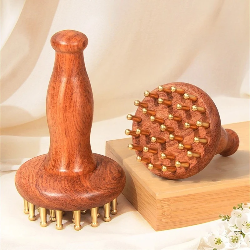 

29-Tooth Solid Brass Meridian Brush with Mortise Craftsmanship Wooden Handle Beauty Body Massage Tool for Acupoint Stimulation
