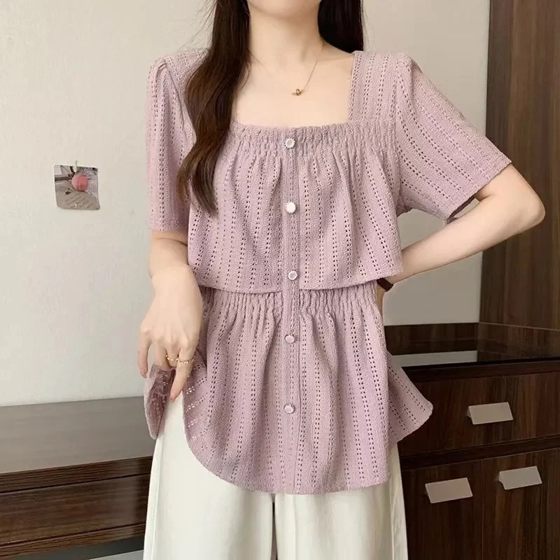 

Summer Femme Square Neckline Shirt Coat Spring Ladies Large Size 4XL Hollow-out Blouse French Women Ruffle Short Sleeves T-shirt