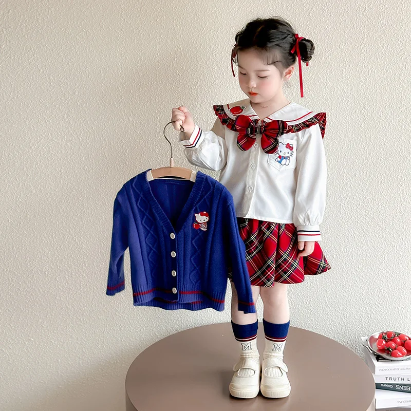 

3Pcs Sanriou Set Hello Kitty Knitted Cardigan Shirt Pleated Skirt Girl Clothing Child Skirt Jk College Style Festival Gift