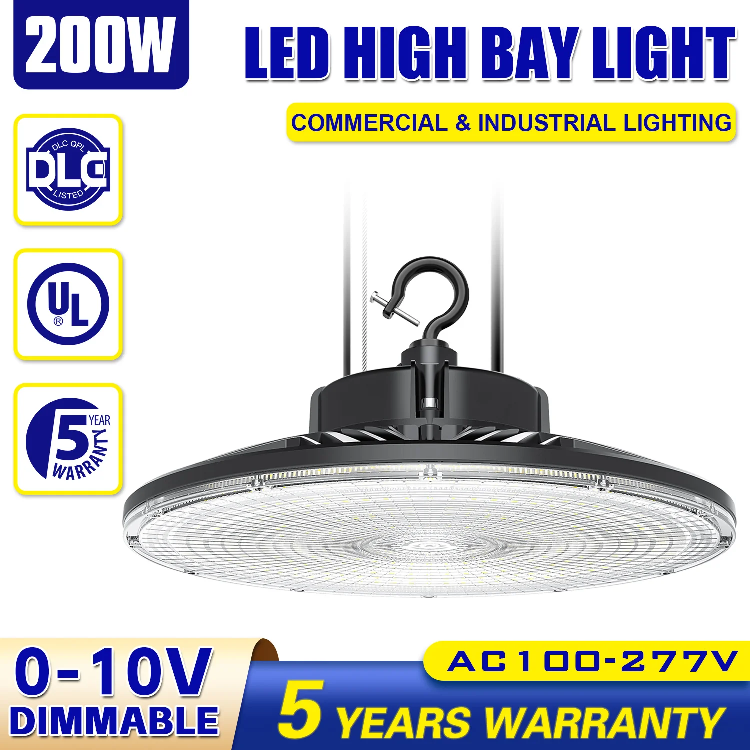 200W UFO LED High Bay Light 0-10V Dimmable IP65 5000K Commercial Warehouse Workshop GYM Lighting Fixture