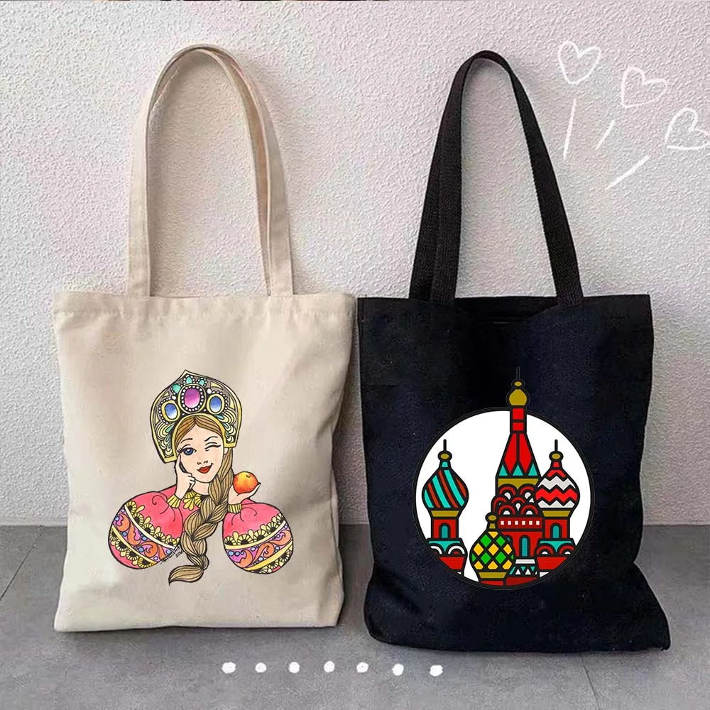 Russian Doll Girl Matryoshka Bear Folk Flower Travel Moscow Kremlin Russia Flag Harajuku Shopper Canvas Tote Bag Fashion Handbag