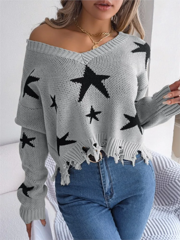 Dames Herfst Gebreide Pullover Trui Sexy V-Hals Mode Contrast Kleur Ster Print Holle Lange Mouw Comfortabele Trui