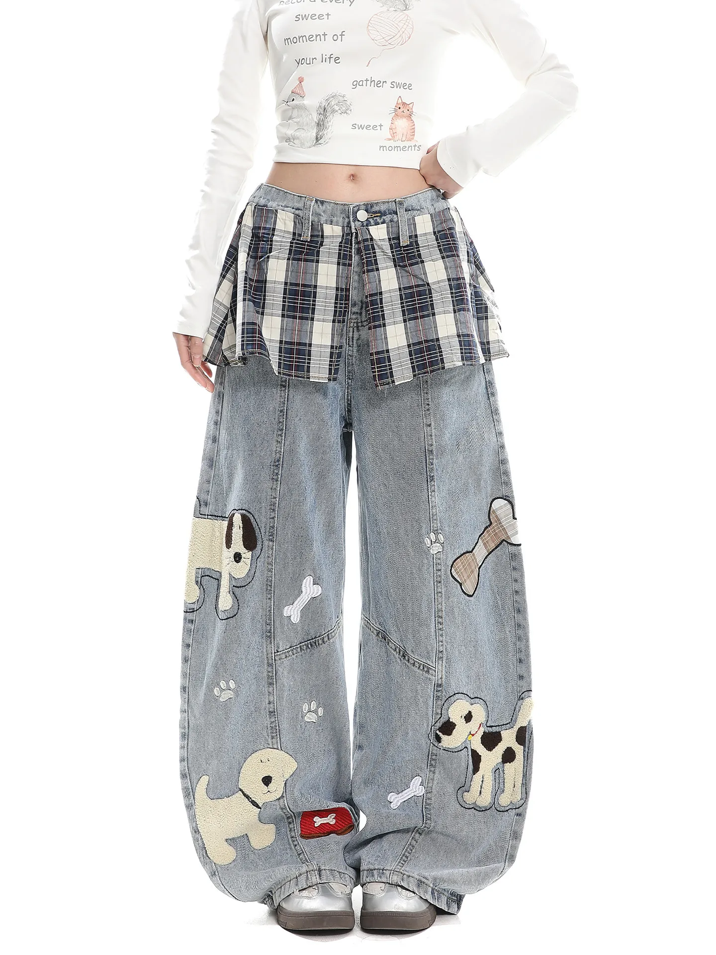 Retro American Street Cartoon Embroidery Patchwork Jeans Women's Spring Autumn Loose Wide Leg Pants BF Style Long Trousers