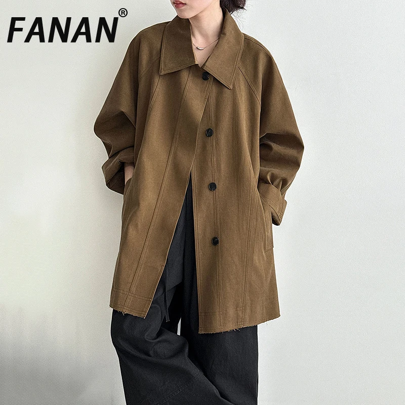 

FANAN Office Lady Mid-length Trench For Women Lapel Single Breasted Long Sleeve Windbreaker Female Coats Fashion 2025 Autumn New
