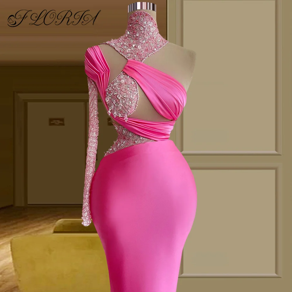 Elegant Pink One Shoulder Evening Dresses 2022 Sheer คอลูกปัดความยาวอย่างเป็นทางการชุดเดรสปาร์ตี้สำหรับงานแต่งงาน Vestidos De Fiesta