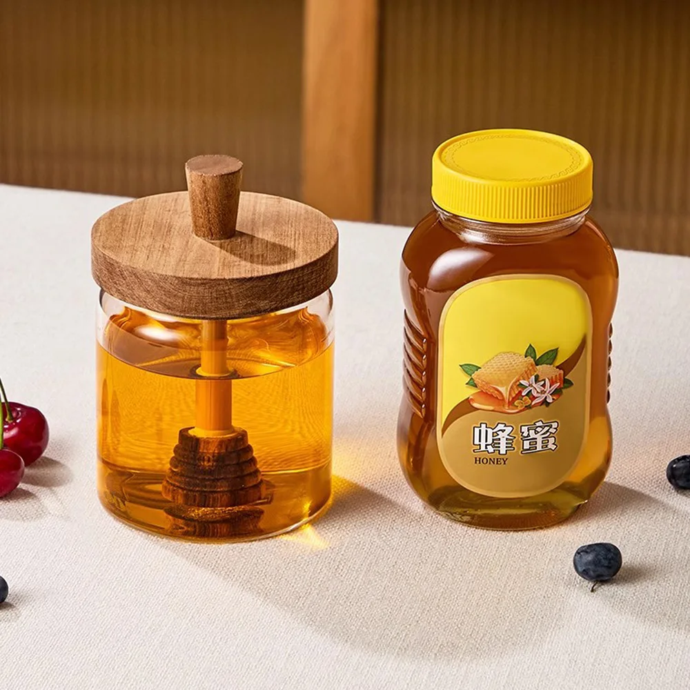 

High Borosilicate Glass Honey Jar with Acacia Wood Lid and Stirring Stick Transparent Jam Storage Container for Home Kitchen Use