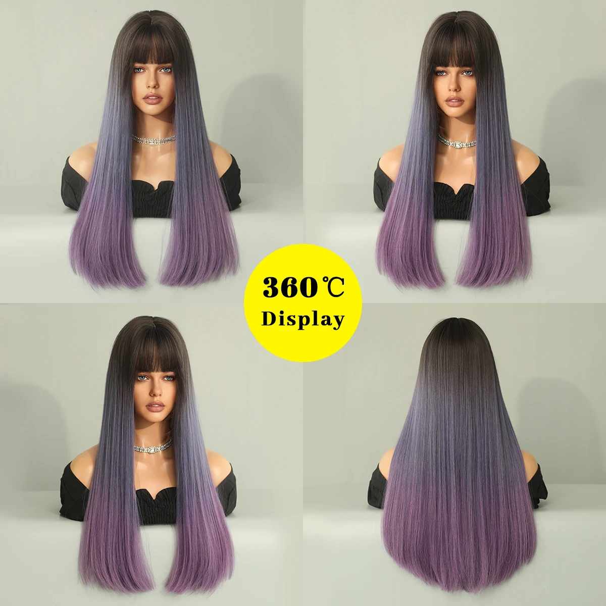 Long Straight Synthetic Wigs Purple Ombre Wigs with Bangs for Women Use for Cosplay Daily Lolita Natural Hair Heat Resistant