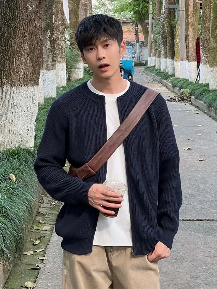 

Мужской осенний кардиган свободного кроя с круглым вырезом, трикотажный, в стиле Cleanfit Haome, премиум-класса, для расслабленного образа