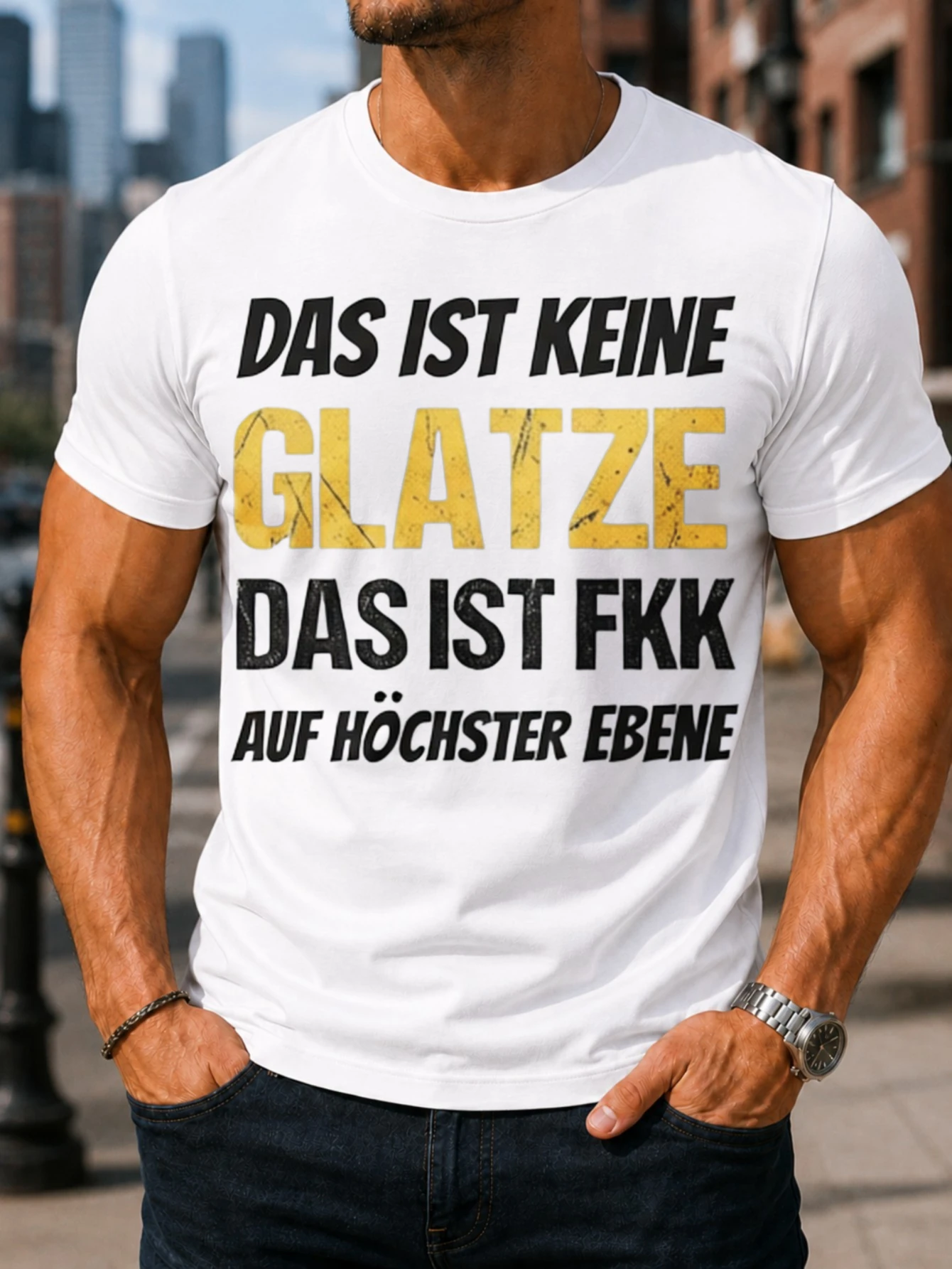 German bald head joke in bold  and yellow typography Graphic featuring a bold illustration and  Unisex All T-Shirt