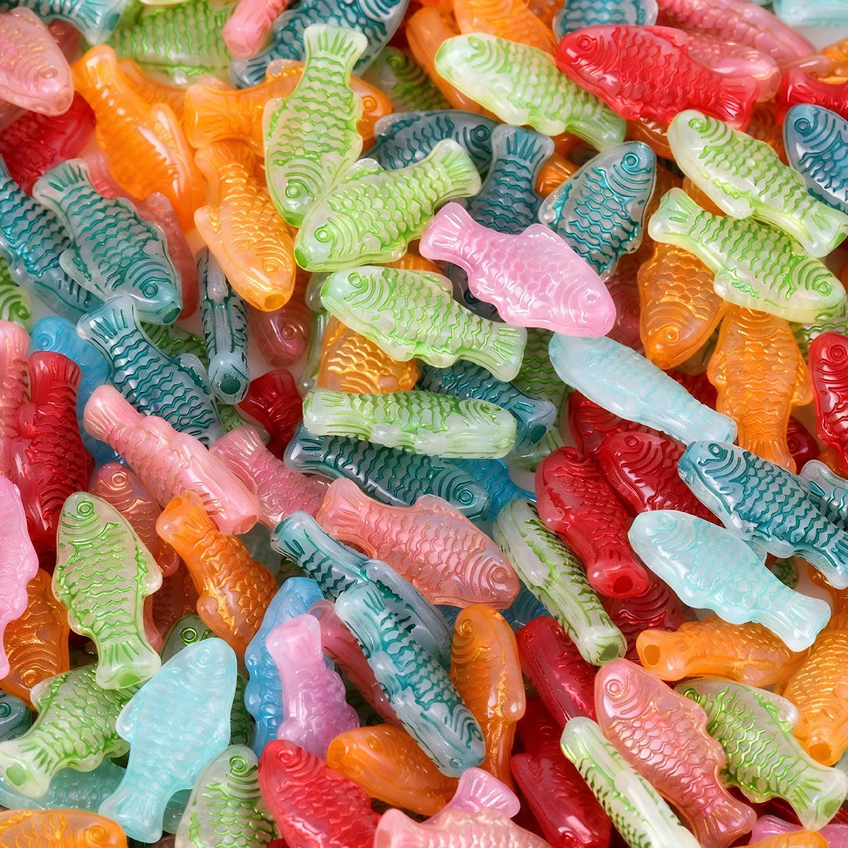 30/60pcs Random Color Gold‑lined Fish‑Shaped Acrylic Beads 13*25mm Loose Spacer Beads For Bracelet Jewelry DIY Craft Making*