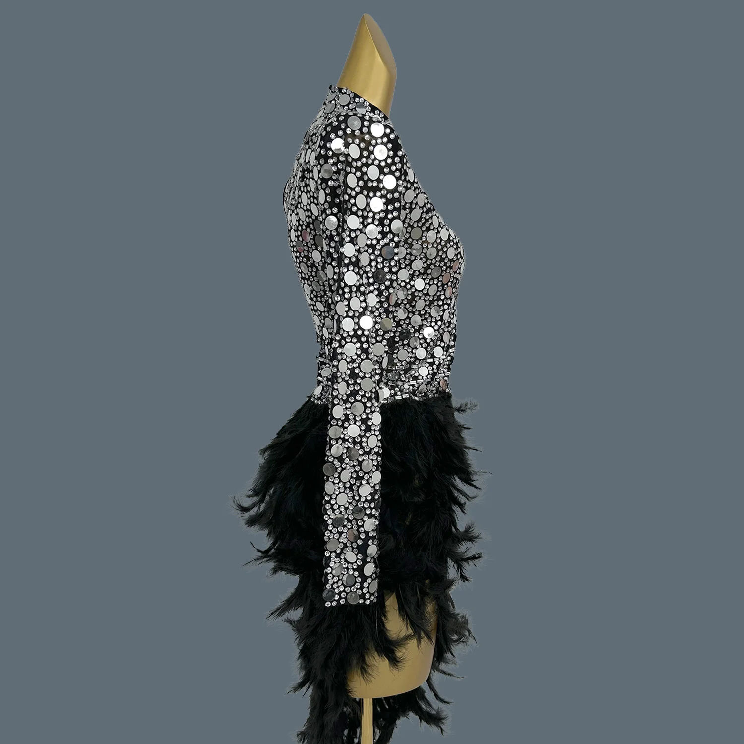 

Silver Glitter Black Feather Asymmetrical Mini Dress for Sexy Women Club Birthday Celebrate Party Mesh Evening Dress Pianyuqun