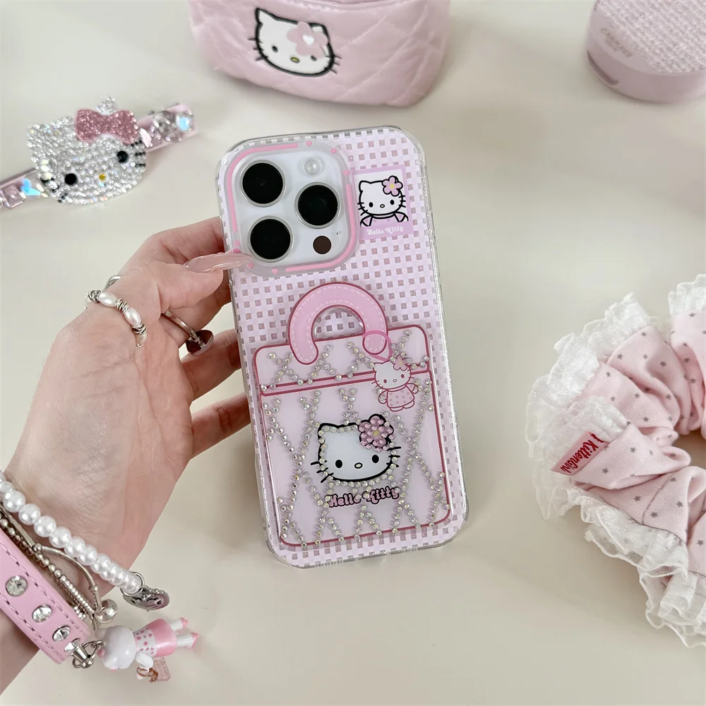 

New HelloKitty Fold Stand Mirror Luxury Stylish For iPhone 16 15 14 13 Pro Max Cute Korean INS Phone Case Lovely Anti-fall Cover