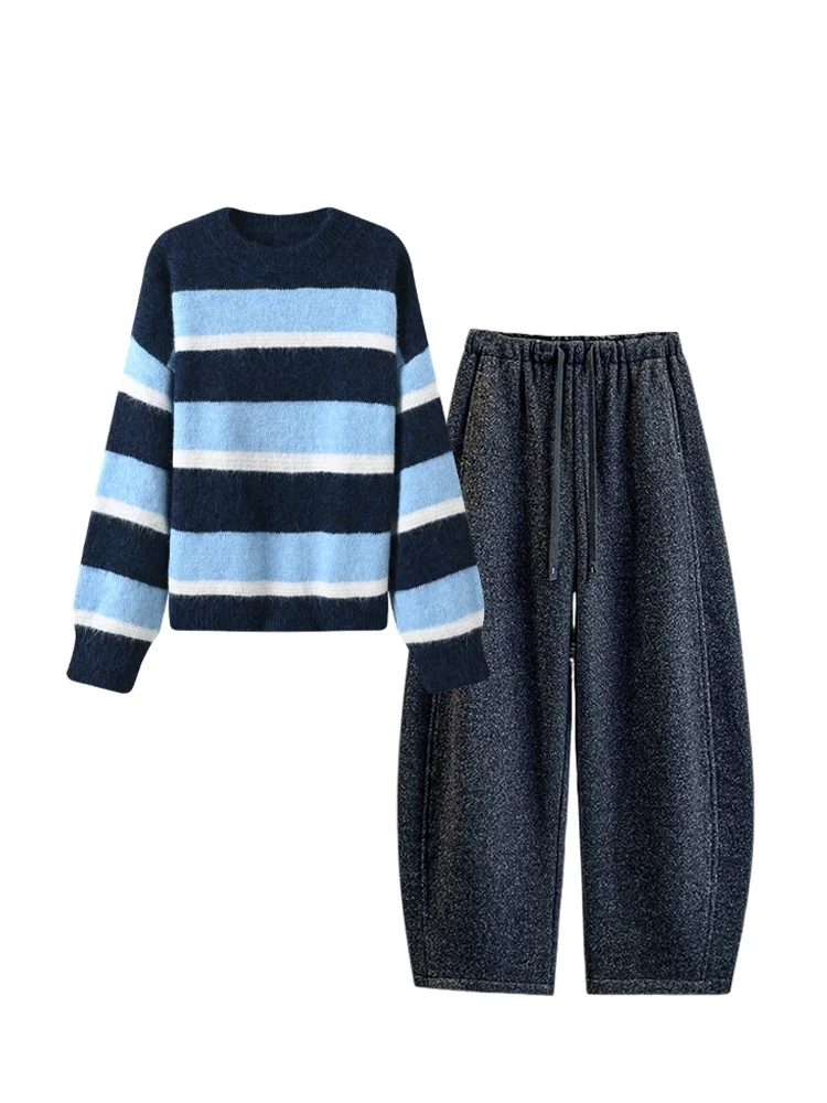 

CaraCLUB Large Size College Sle Set Women's Autumn Winter New Loose Striped Long Sve Sweater Knife Pants