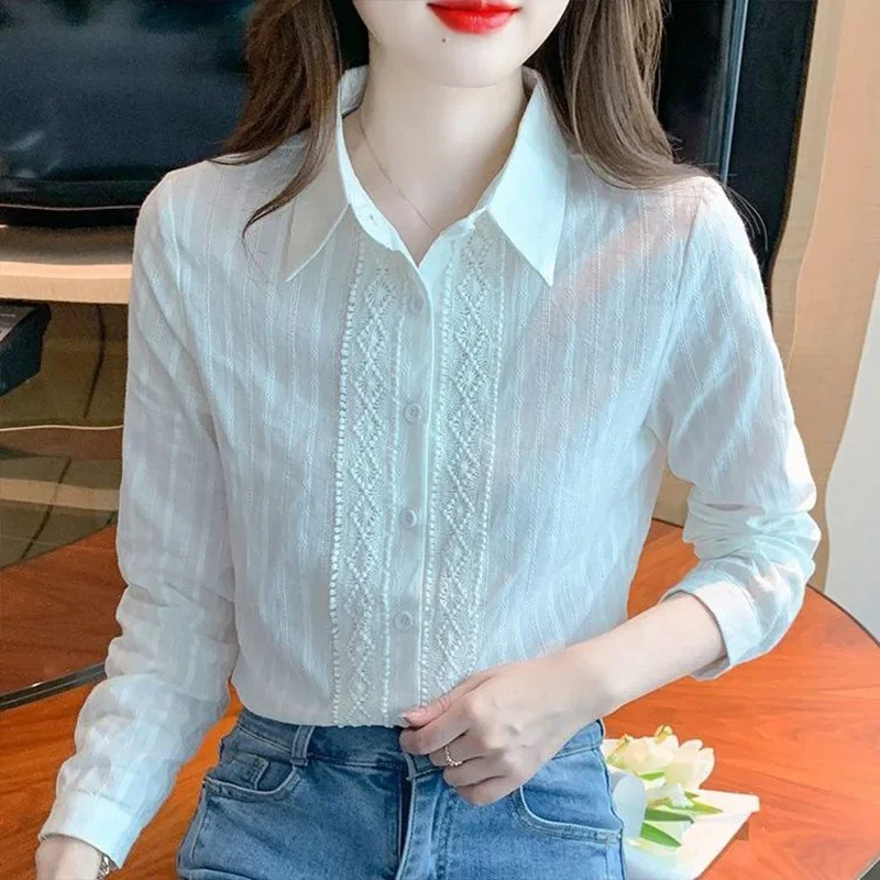 2024 Women\'s Cotton Shirt Long Sleeve Versatile Spring Summer Solid Color Shirt Professional Elegant Lace Splicing Top for Women