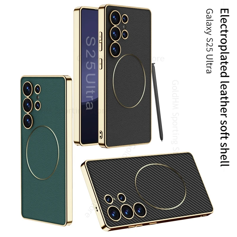 

For Samsung Galaxy S25 Ultra 5G 6D Plating Leather Phone Case For Samsung S25 Ultra SM-S938B Ultra Slim Wireless Charging Cover