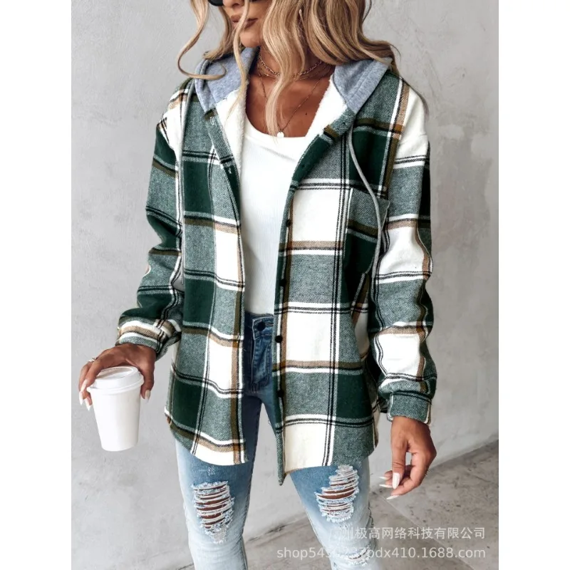 2024 New Autumn Winter New Fashion Women\'s Clothing Solid Color Plaid Hooded Jacket Casual