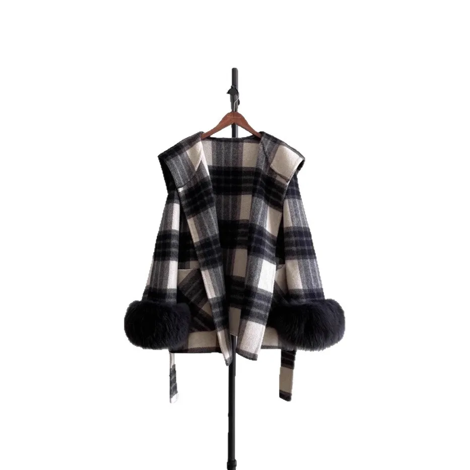 เสื้อคลุมลายสก็อตขนฟ็อกซ์ 25Ss รุ่นใหม่ ปี 2025 สไตล์เกาหลี เสื้อแจ็คเก็ตแคชเมียร์สองด้านสำหรับผู้หญิง ฤดูหนาว