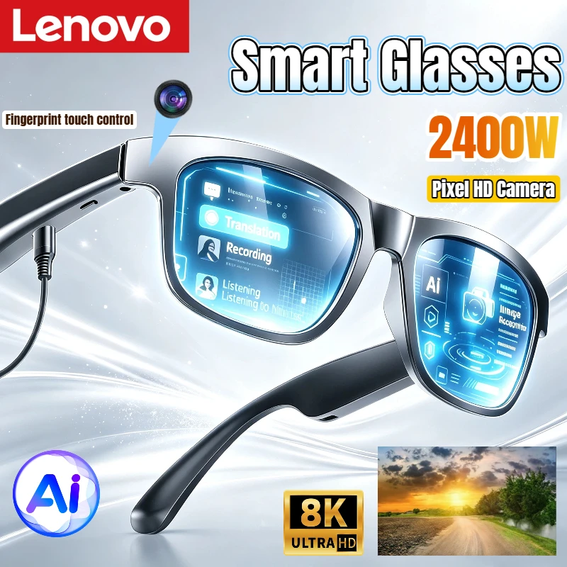 Lenovo 8K New AI Smart Glasses 2400W Touch Control Translator Voice Assistant Wireless Bluetooth Calling Sunglasses for Adults