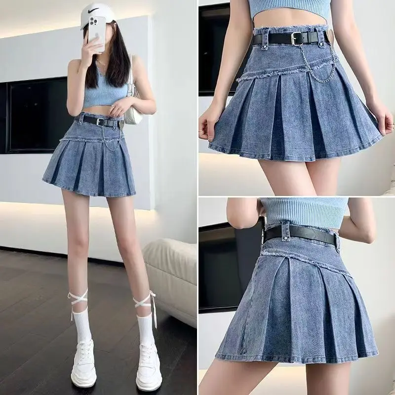 Denim Pleated Skirt Summer 2024 High Waisted Slimming Korean Version with Short Skirt and Half Skirt Featuring Full Body Design