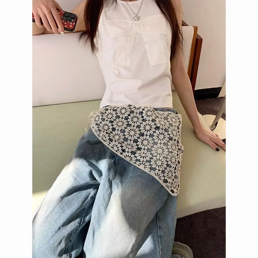 Spring Summer Layering Tie Hollow Flower Pee Skirt for Women Ethnic Versatile Slim Visual Triangle Scarf Fashion